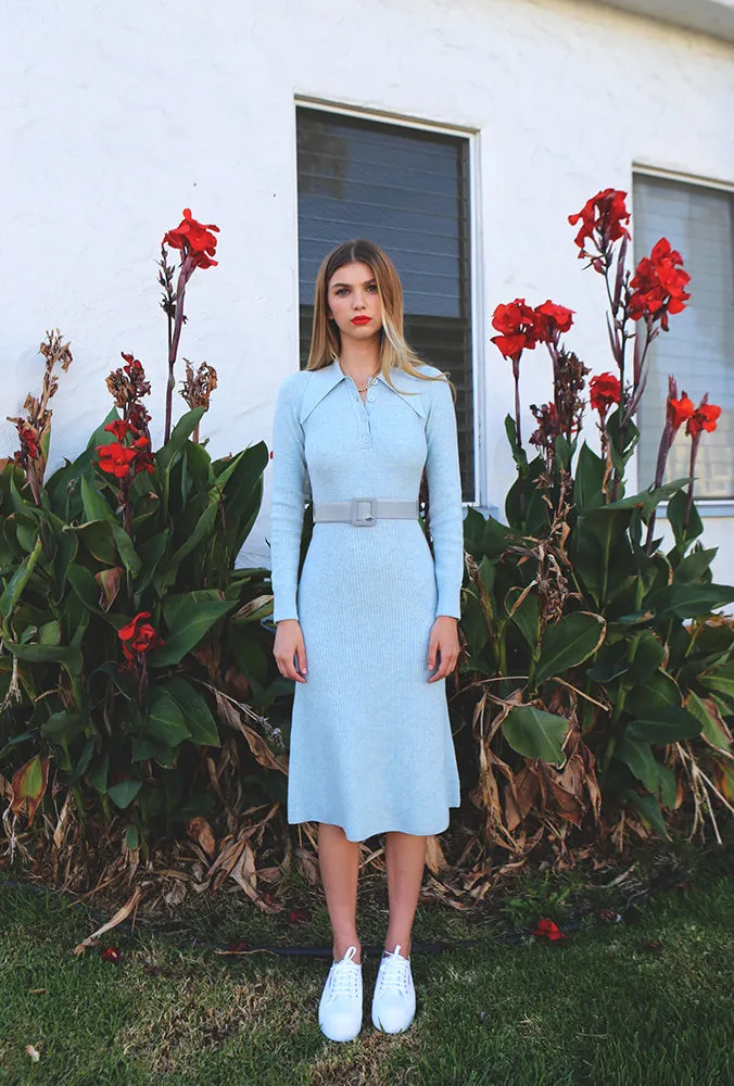 Arctic Blue Peachskin Long Sleeve Ribbed Midi Polo Dress