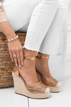 Espadrilles oro rosa con zeppa in corda e ricamo