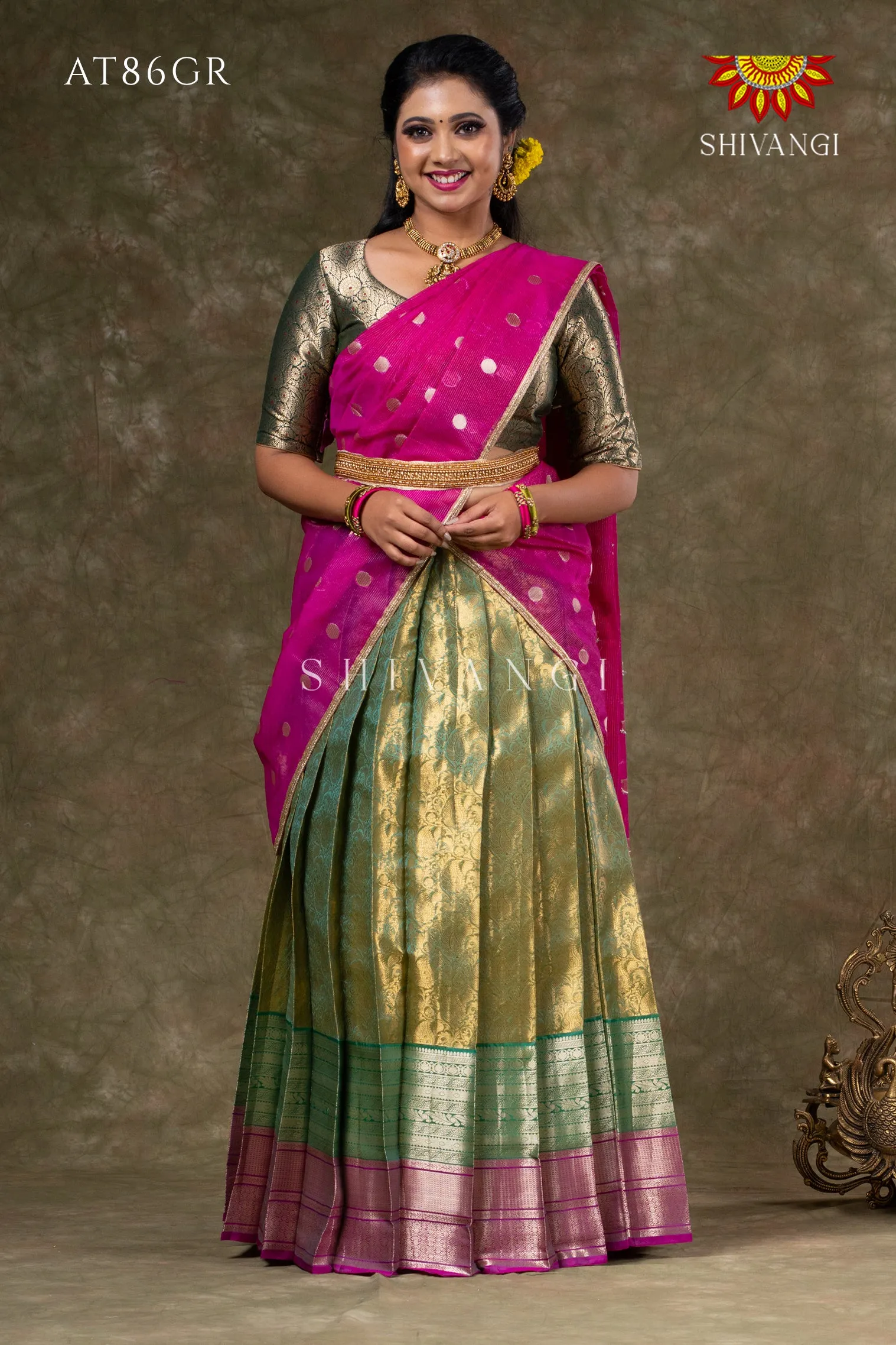 Girls Green Potly Mango Half Saree | Langa Davani