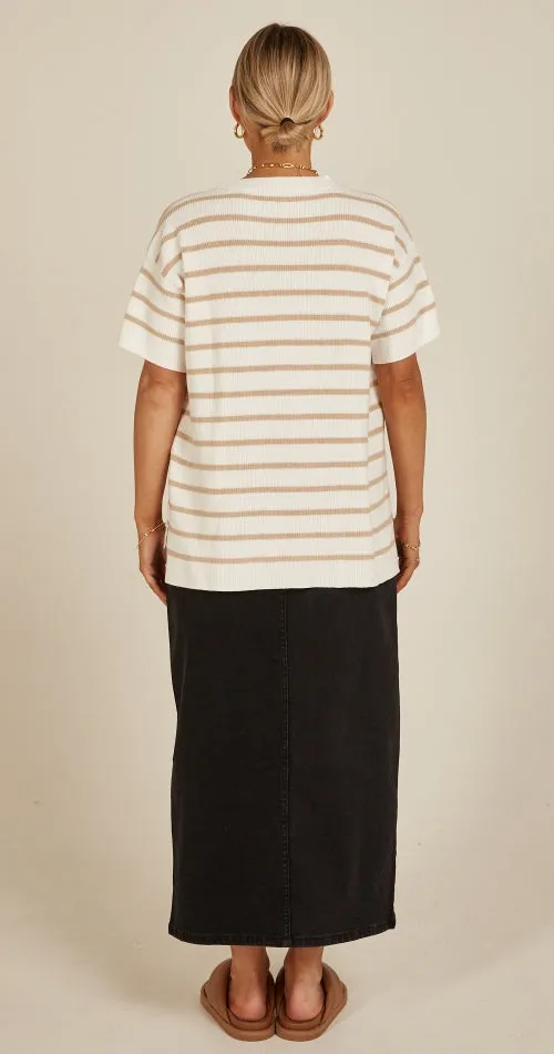 Jasper Knitted Tee ~ White Oatmeal Stripe