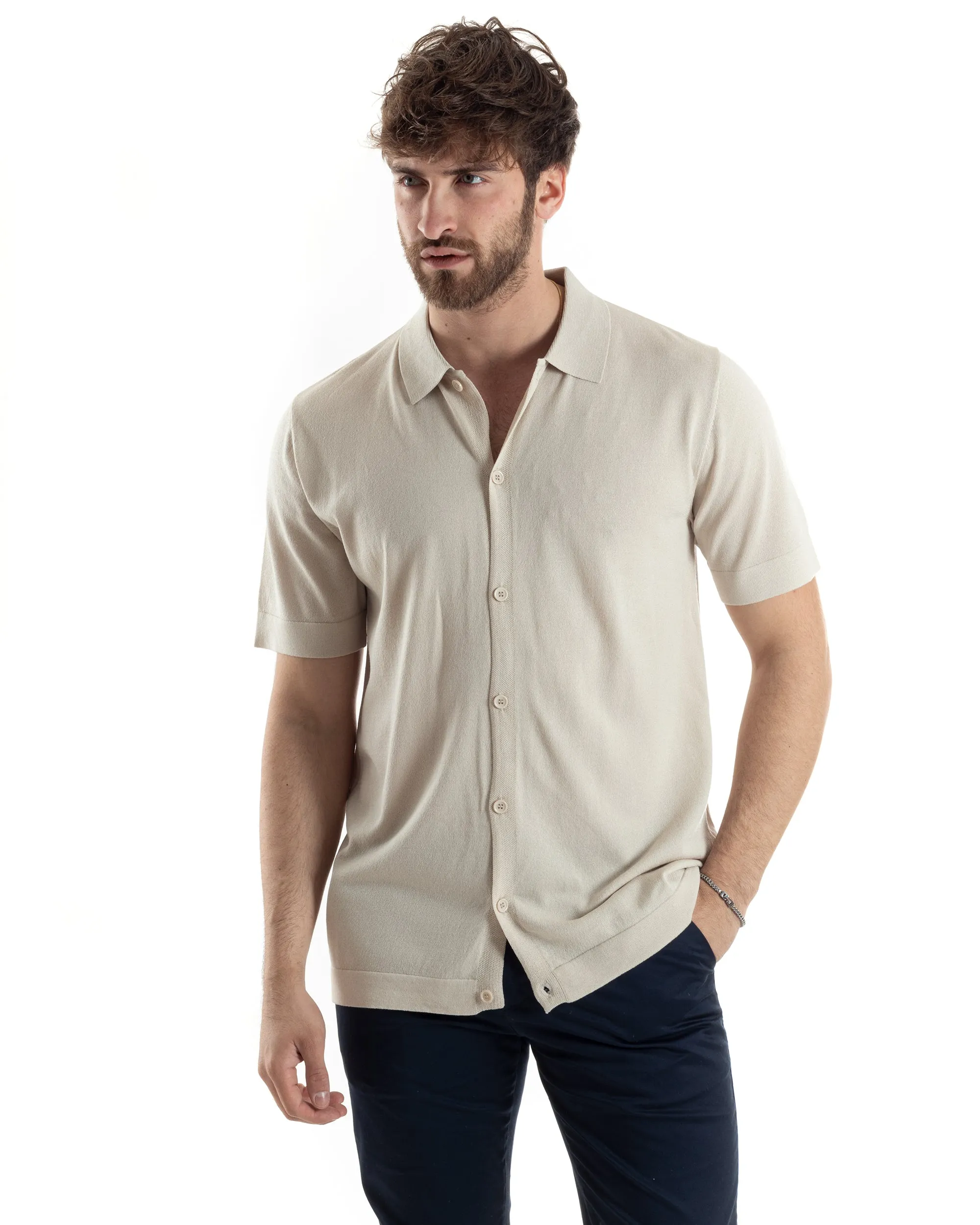 Polo Filo Uomo Cardigan Bottoni T-Shirt Con Colletto Beige Casual GIOSAL-TS3019A