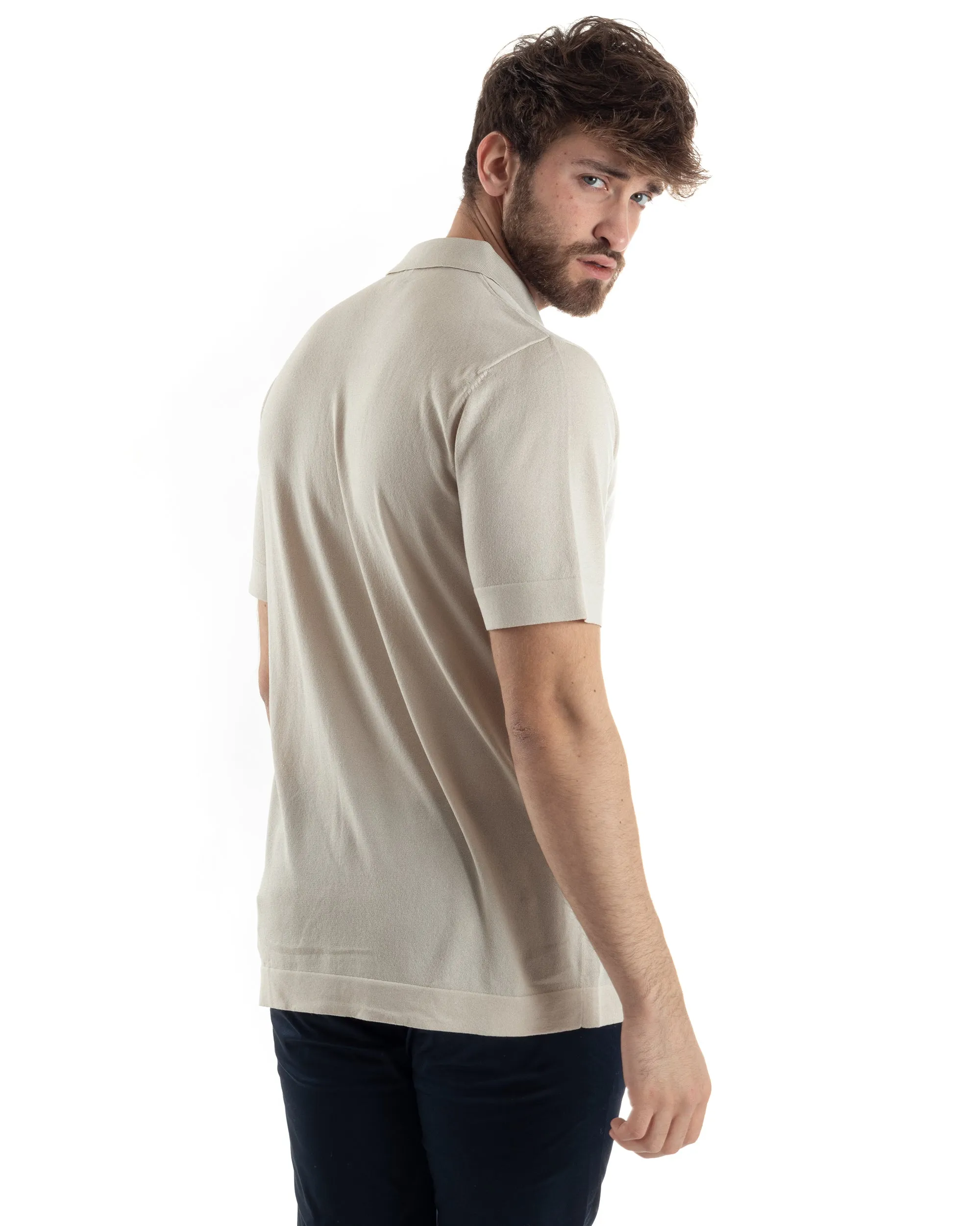 Polo Filo Uomo Cardigan Bottoni T-Shirt Con Colletto Beige Casual GIOSAL-TS3019A