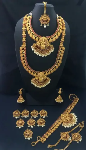 Traditional Temple Design Matte Finished Mango Haram With Lakshmi Pendant Bridal Set