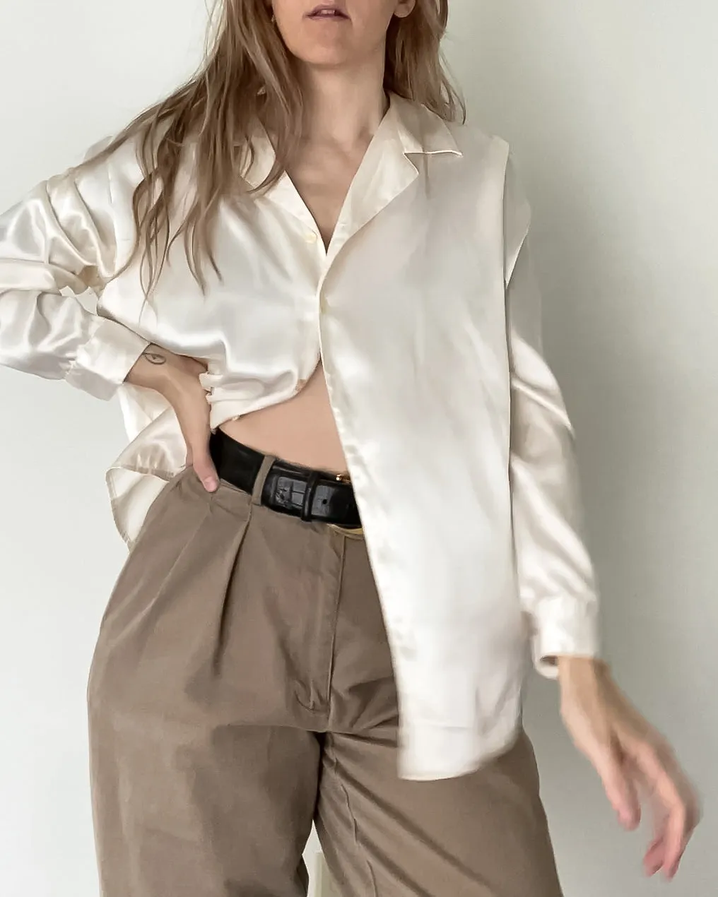 Vintage Ivory Satin Blouse (S/M)